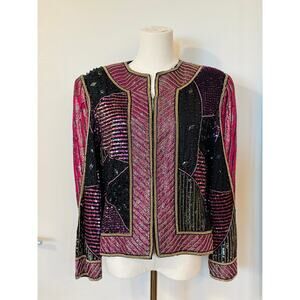 Vintage 80s Judith Ann Creations Multicolor Beaded Sequins Silk Patchwork Jacket